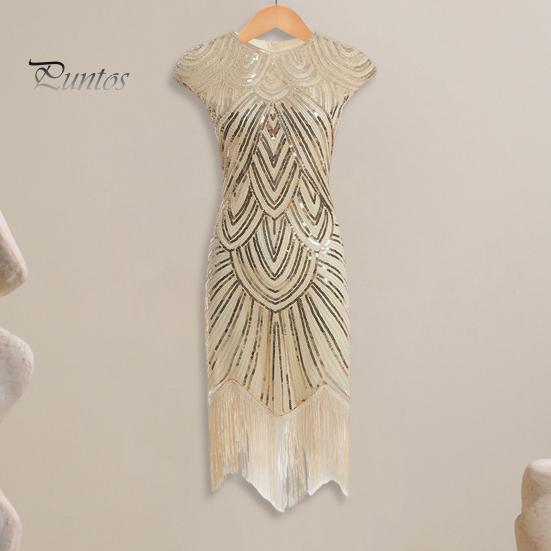 Vestito da sera vintage con paillettes da donna, senza maniche, scollo tondo, chiusura lampo posteriore, orlo con frange, a tubino, vestibilità aderente