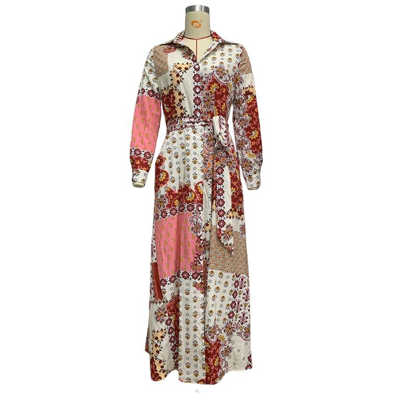 Spring and Autumn Women Dress Fashion Printed Bohemian Long Shirt Dresses