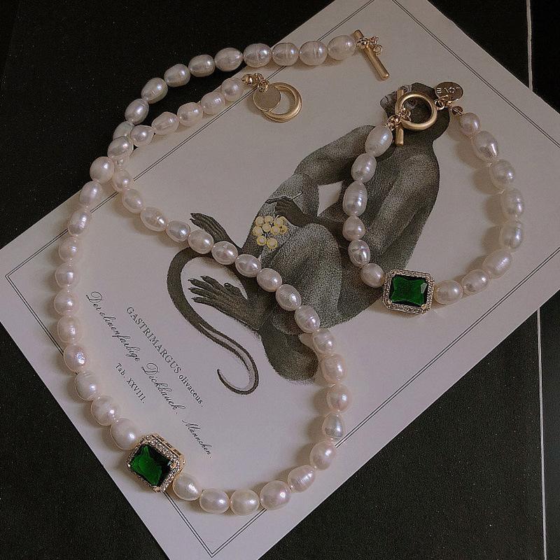 New Rice Grain Freshwater Pearl Emerald Necklace Dongdaemun Fashion Necklace Temperament Micro-inlaid Zircon Bracelet