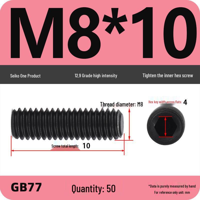 Class 12.9 Inner Hex Flat Head Headless Grub Screw M3-M12