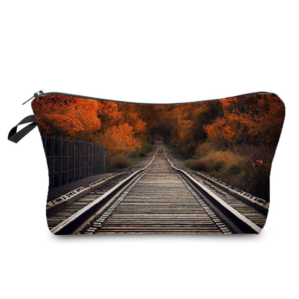 Women Railway Print Cosmetic Bag Toiletries Organize Travel Storage Case 6782