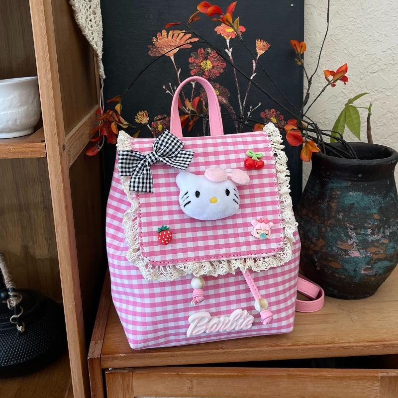 

Children s cute cartoon cat red grid backpack little girl lace decorative schoolbag new school backpack No pendant