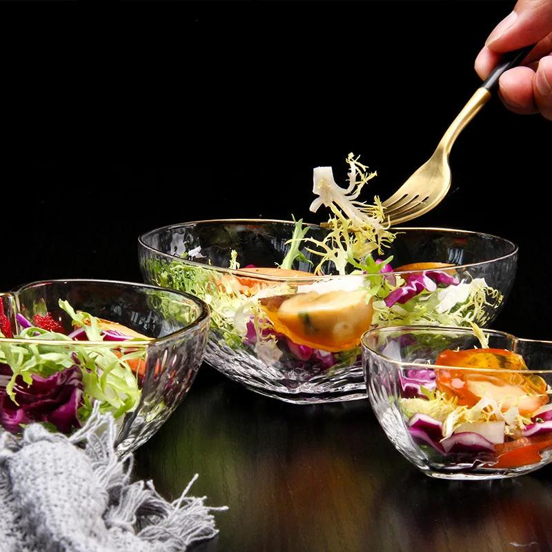 Creative Glass Heart-Shaped Bowl - Golden Edge Salad & Noodle Bowl, Crystal Breakfast Tableware with Decorative Design