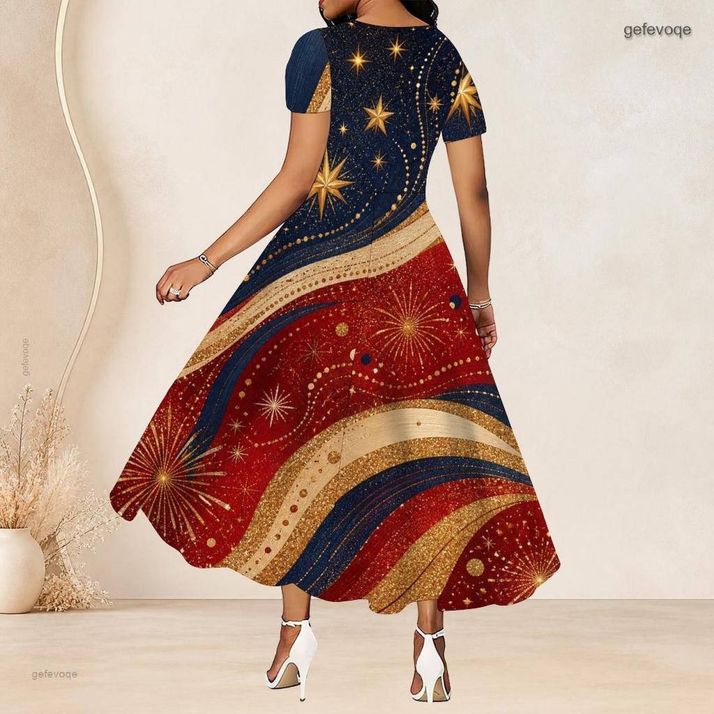 Women Plus Size Round Neck Short Sleeve Star Printed White High Waist A Line Long Dress