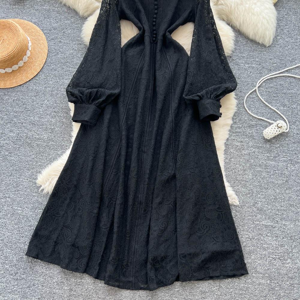 French Court Style Dress Women's Autumn High-end Single-breasted Waist and Thin Temperament Lace Long Dresses