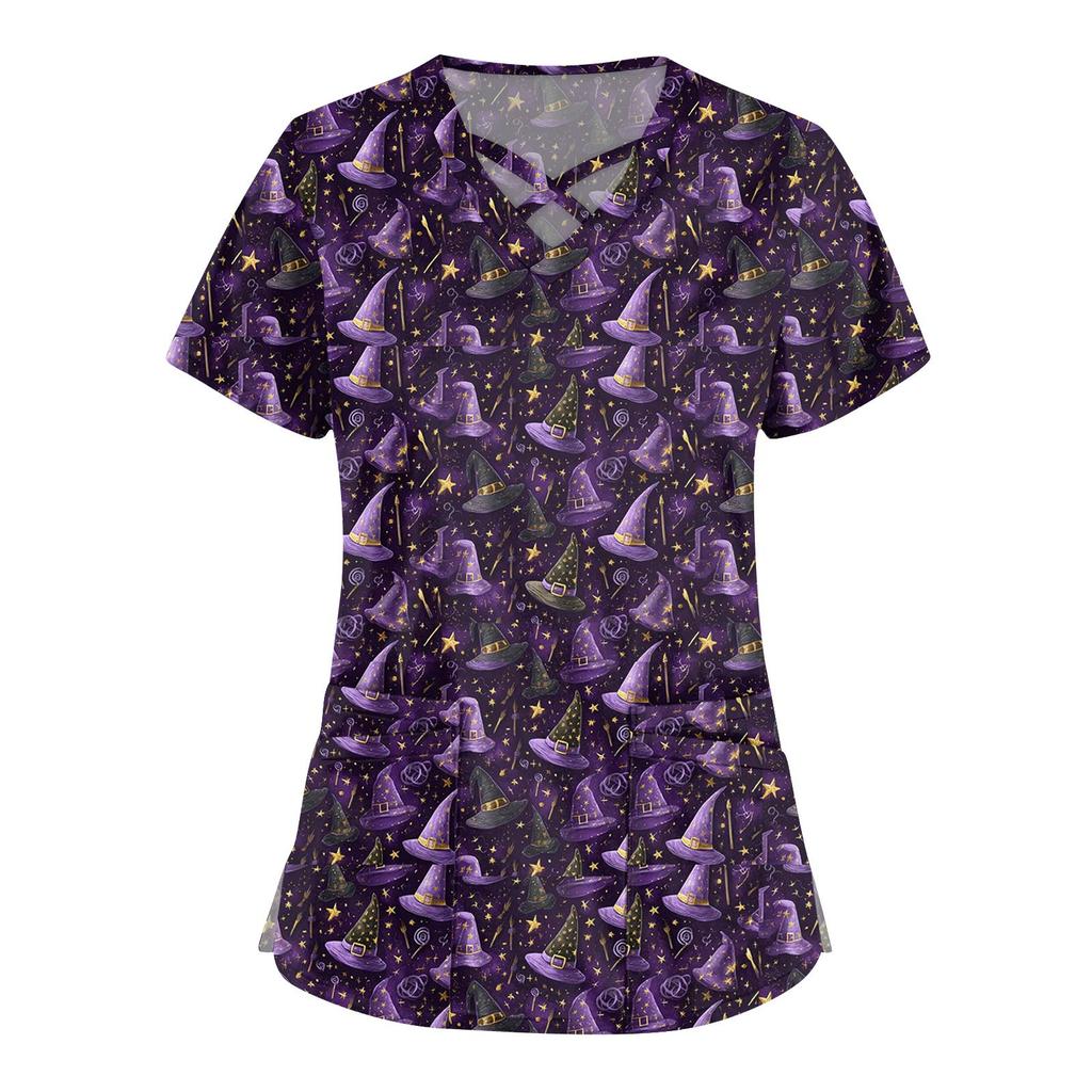 Women's Fashion  V-Neck Short Sleeve Overalls Double Pocket Halloween Printed Tops  Apparel