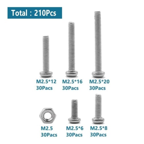 XSAJU 210-Piece Set of M2.5 Hex Bolts and Nuts, 304 Stainless Steel, Silver, with Case