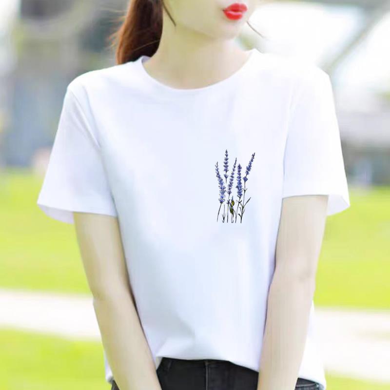 Bottom Shirt Ins Sweet Simple Flowers Round Neck Wear FeUnisex Print Fashion Internet Celebrity Commuter Shortsleeved Tshirt