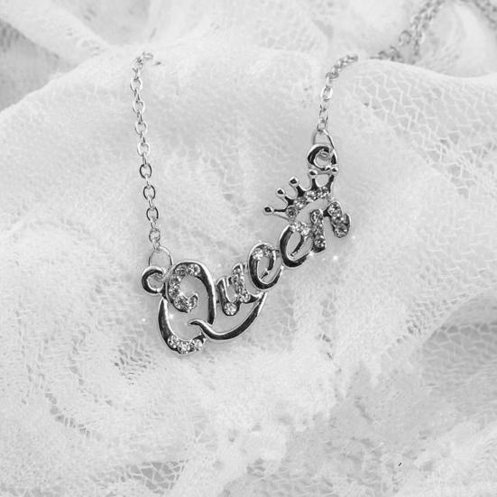 Rhinestone Skin-Touch Trendy Extension Chain Queen Letter Pendant Birthday Necklace Party