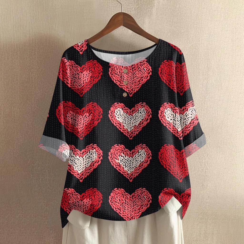 Damska casualowa i wygodna bawełniano-lniana bluzka z okrągłym dekoltem, średniej długości, z modnym nadrukiem