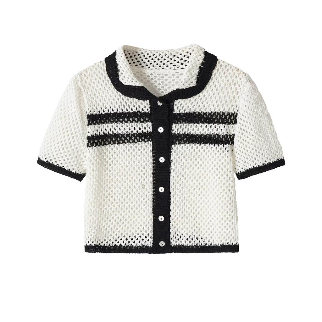 Foreign Trade European and American Style French Women's Clothing Fashion Versatile Temperament Casual Short Sleeve Hollow Knitted POLO Jacket