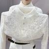 Autumn Winter Women's Lace Stand-collar Fleece-lined Shirt Slim-fit Soft Warm V-neck Blouse