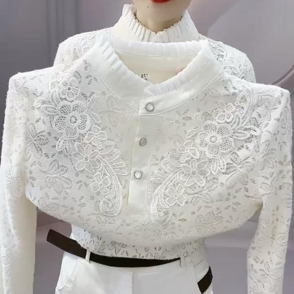 Autumn Winter Women's Lace Stand-collar Fleece-lined Shirt Slim-fit Soft Warm V-neck Blouse