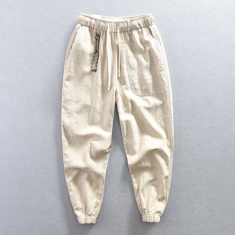 Export Surplus Linen Casual Pants for Men, Summer Thin Style, Nine-Point Length, Loose Fit, Jogger Style, Trendy Versatile Long Pants Off-White(Yitu 622) M