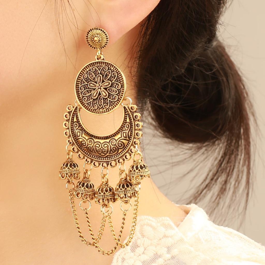 New European and American style round chain long tassel bell earrings, vintage gothic exotic style women's alloy earrings
