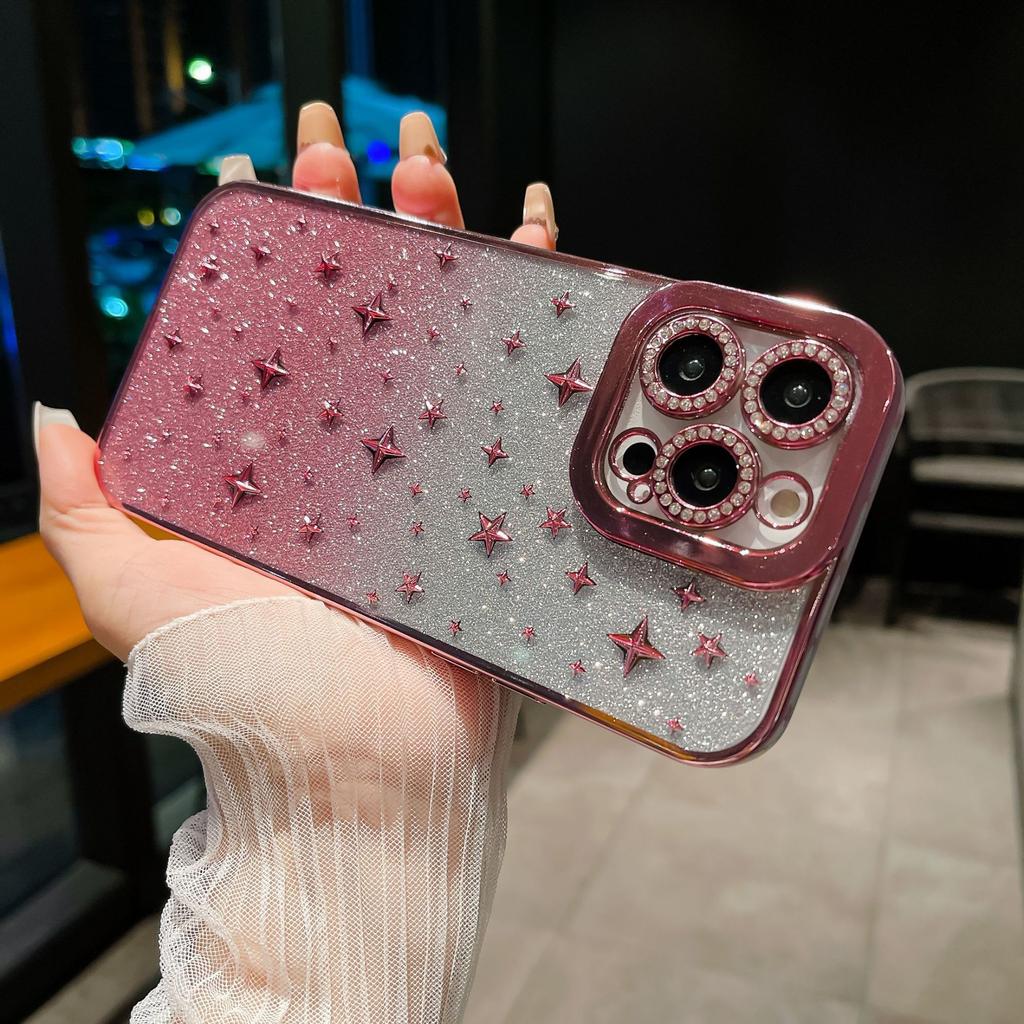 Suitable for IPhone14 with Gradient Glitter and Diamond-encrusted Lens Phone Case, Apple 15 3D Complex TPU Protective Case 13pro