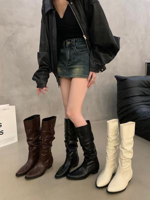 Pointed Inner Heightening Pile Boots Women's 2025 Spring and Autumn New Small Western Cowboy Boots Knight Boots Long Boots