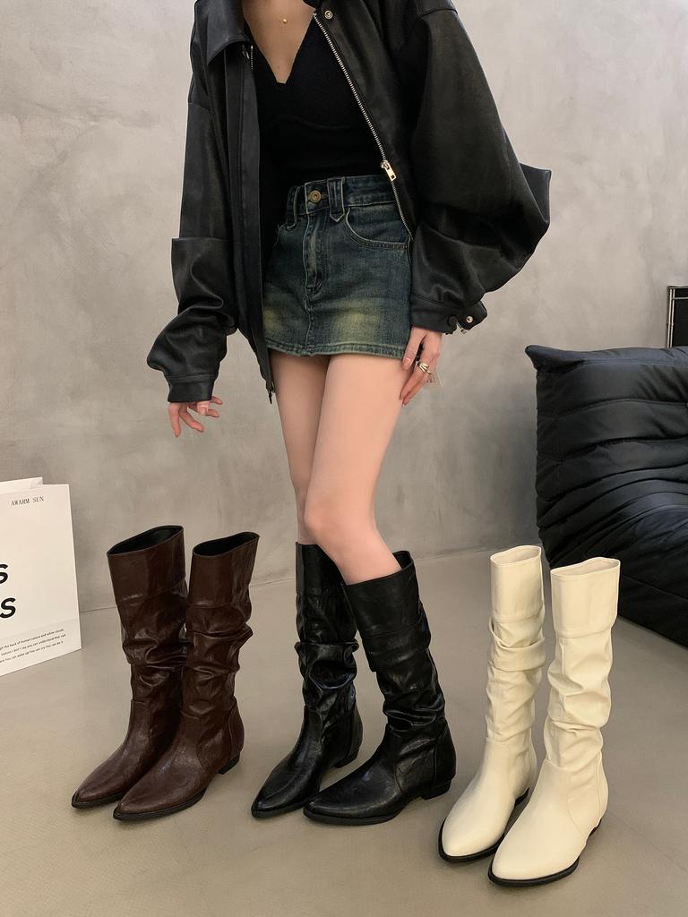 Pointed inner heightening pile boots women's 2025 spring and autumn new small western cowboy boots knight boots long boots