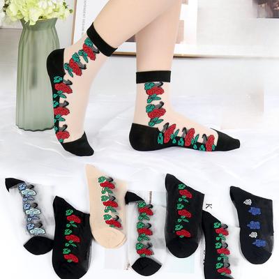 5 Paar Damen Frühling und Sommer Retro Dünne Süße Rose Glasseide In The Tube Socken