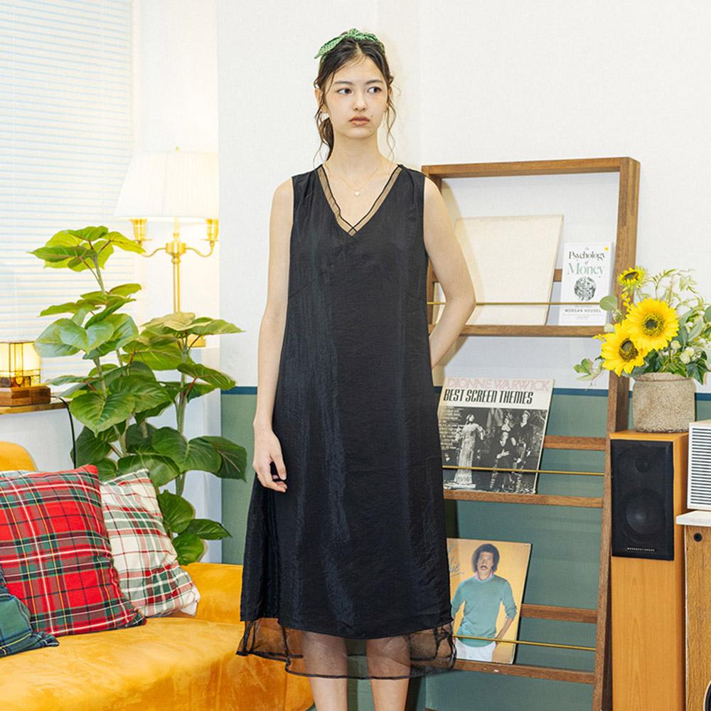 Deondeulob Dd_V Neck Sheer Hem Layered Dress_Black