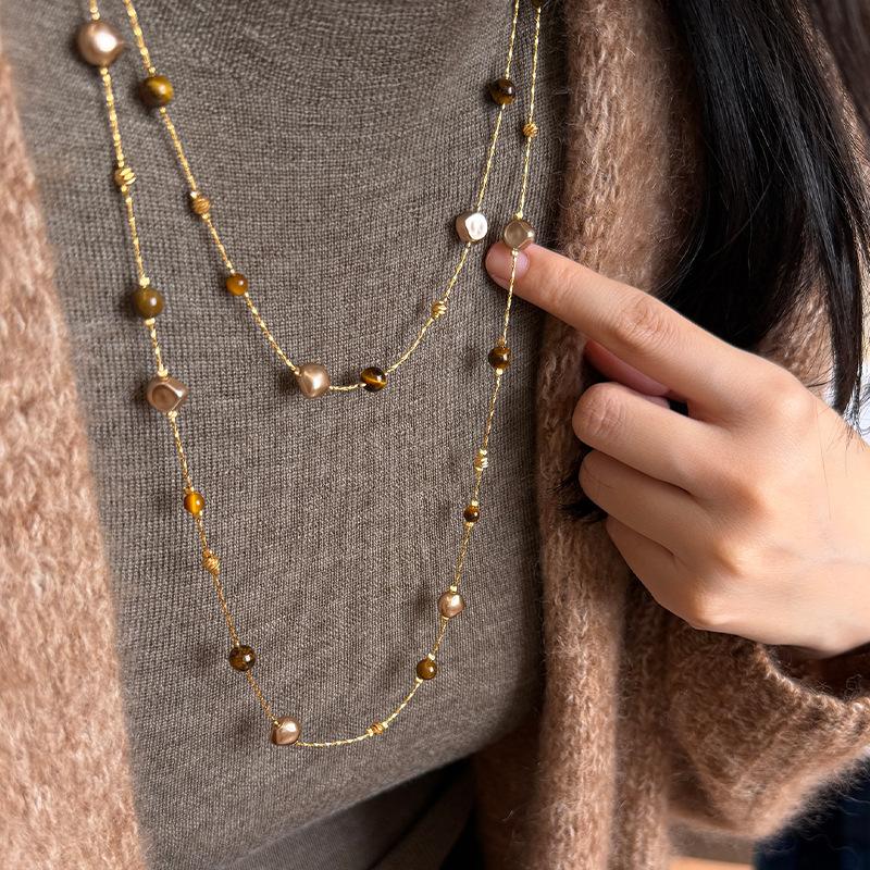 1Pcs Retro Stackable Glass Bead Sweater Neck Chain Multi-layer Tiger's Eye Stone Necklaces For Women Charms Jewelry Gifts