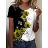 Retro Rose Print Round Neck Short Sleeved T-shirt for Women Breathable Polyester Stretch Comfortable for Everyday