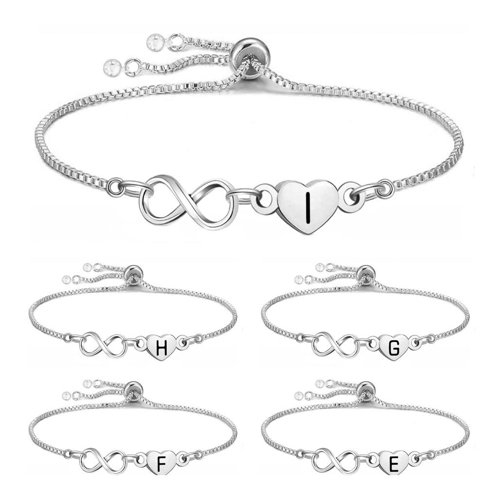 Stainless Steel Infinity Heart Initial Letter Bracelet Adjustable Slider Box Chain Bracelet for Women