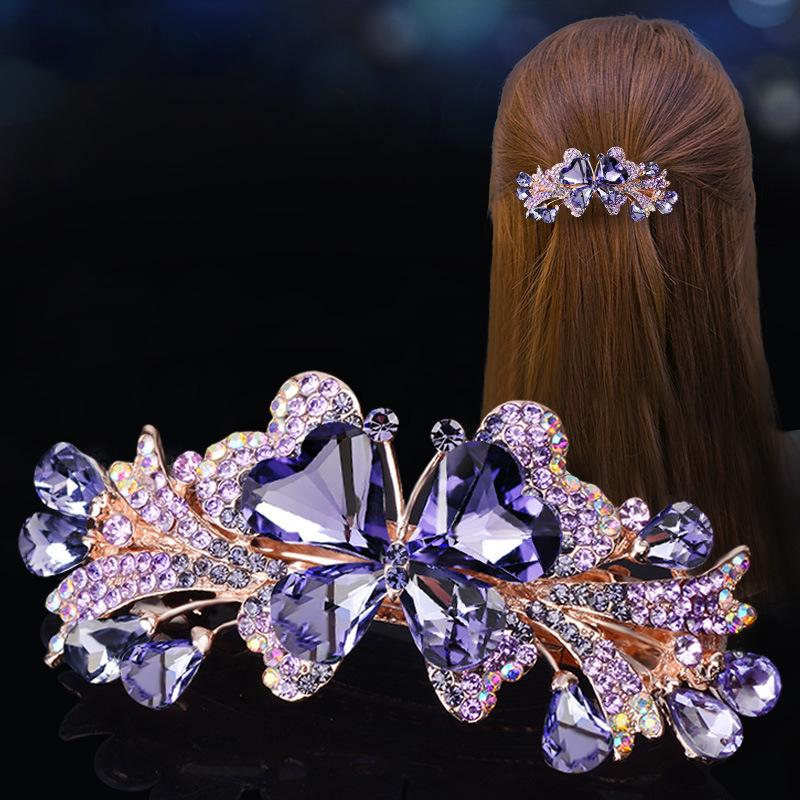 Clip de Primavera de Circonita Blanca Flor de Pedrería Brillante Clip Superior Clip Horizontal Elegante Adorno para el Cabello de Moda para Madres