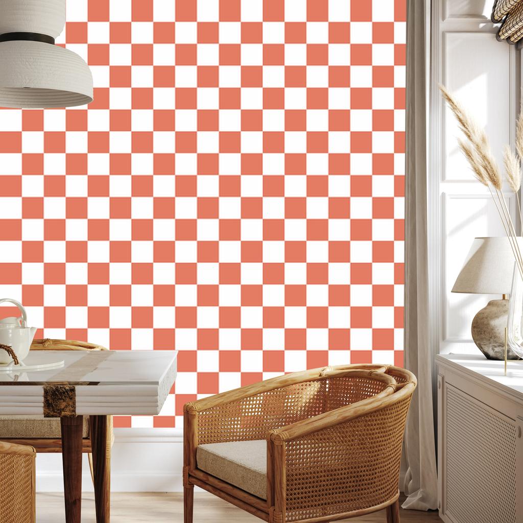 Checkerboard Wallpaper Coral, White and Peach 50x1000