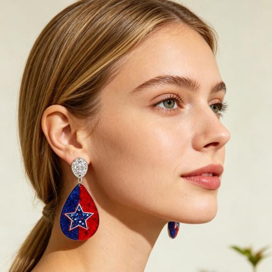 American USA Flag Earrings for Women Patriotic Red White Blue Cubic Zircon Dangle Drop Earrings, 4th of July Independence Day