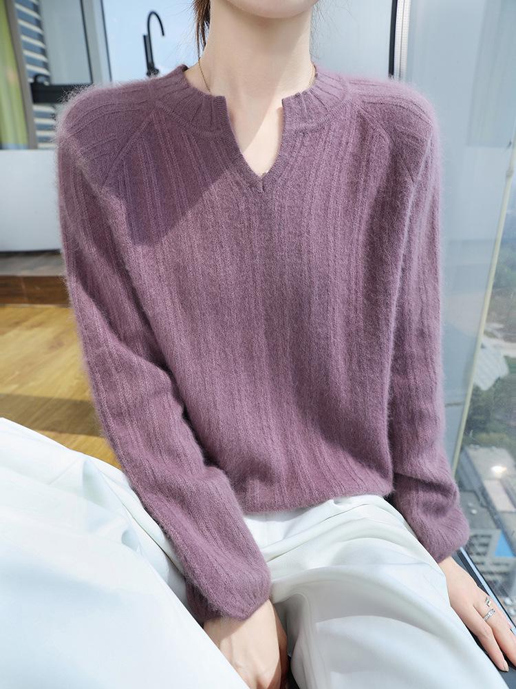 Women's Mink Cashmere V-Neck Sweater - Autumn/Winter 2025 Loose Fit, Short Solid Color, Knitted Wool Pullover Jumper