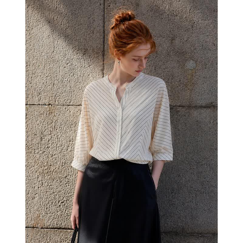 Women's Striped V-Neck Spliced Loose Fit Blouse
