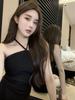 French one-word shoulder neck suspender dress women's summer pure desire spice girl sexy tight waist temperament hip skirt