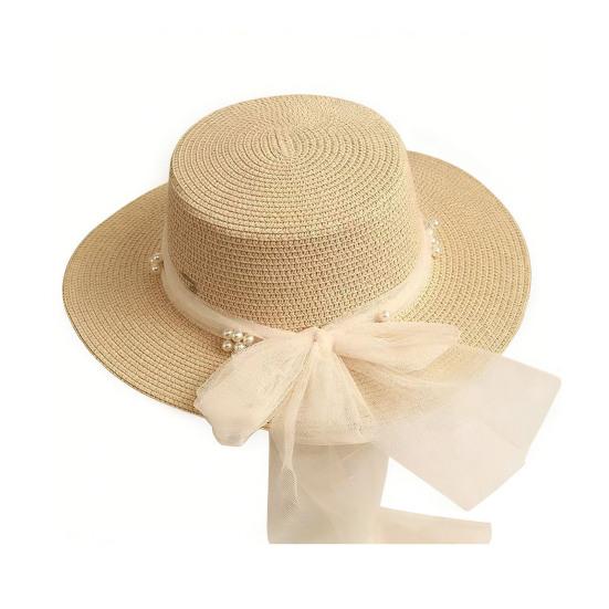 Beach Straw Hat Flat Top Wide Brim Sun Protection Hat with Tulle Bow Imitation Pearls Decor Hand-Woven Breathable Summer Hat