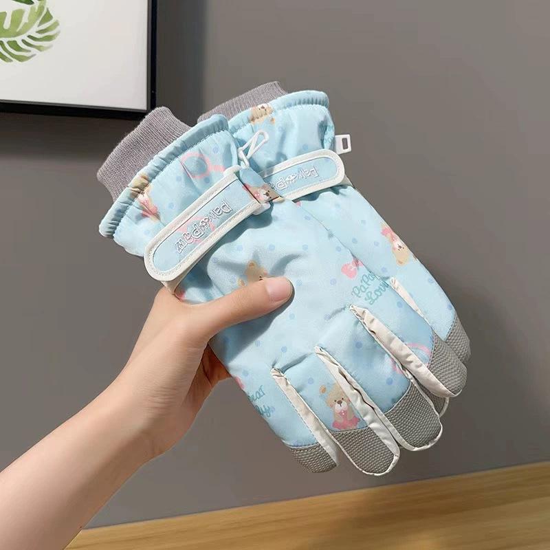 Beige cute bear ski gloves female Korean warm velvet thickened outdoor windproof and cold cycling tide