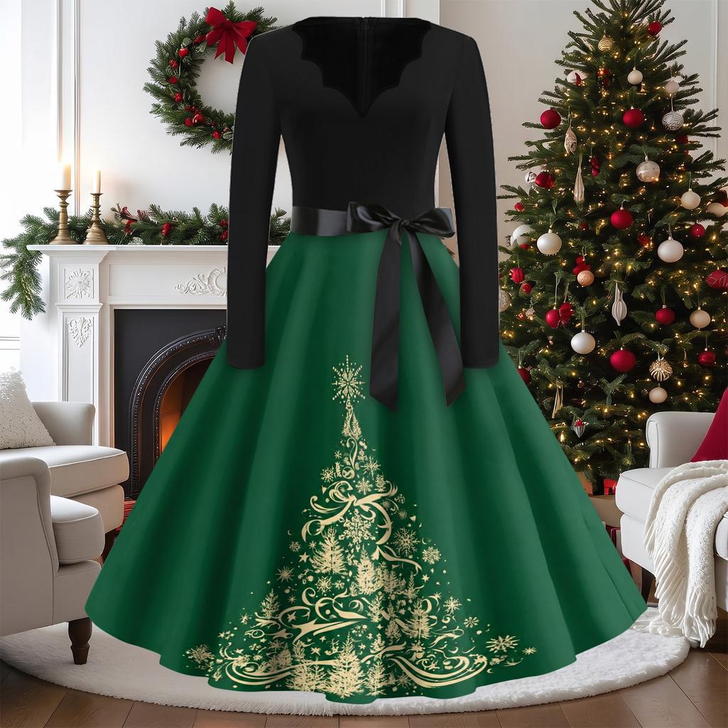 Women's Vintage V-Neck Long Sleeve Christmas Print Casual Dress
