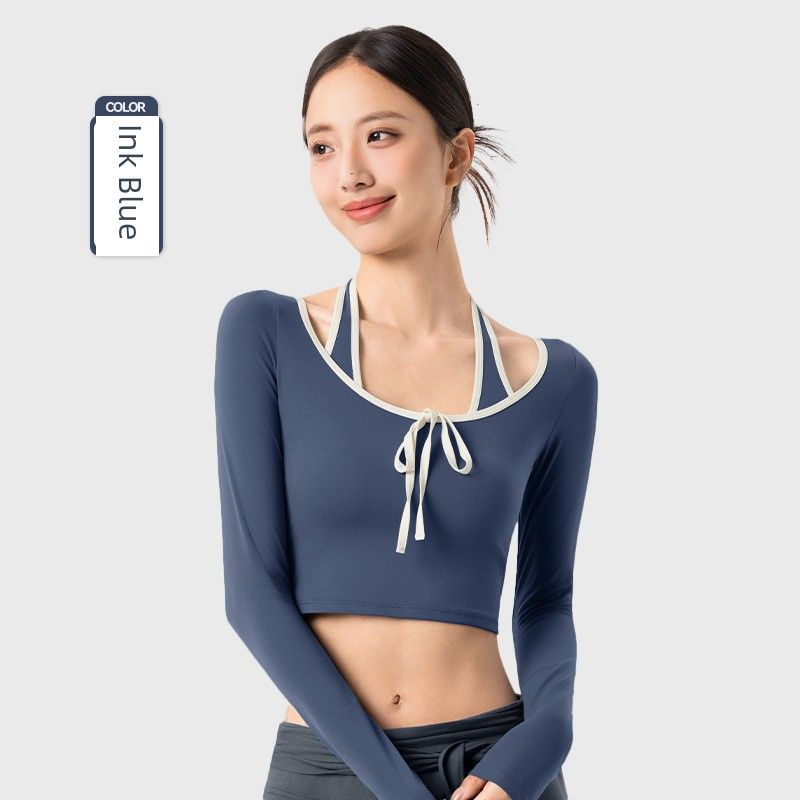Export Fake Two-Piece Halterneck Long-Sleeved Fixed Cup Short Sports Tops Contrast Color Binding Easiest for Match Fitness Yoga Wear Women