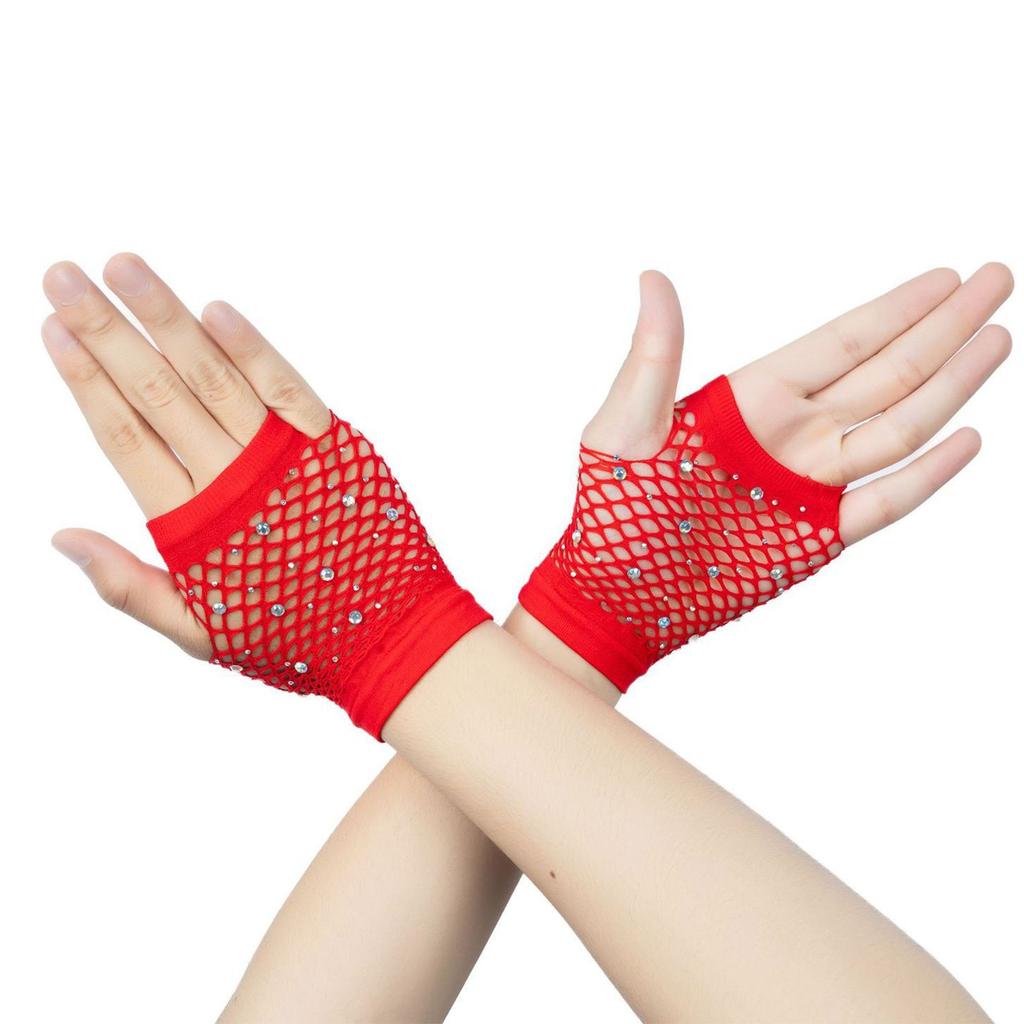 Stylish Half Finger Mesh Gloves Rhinestones Embellished Lightweight Dancewear Summer Outdoor Activity Gear