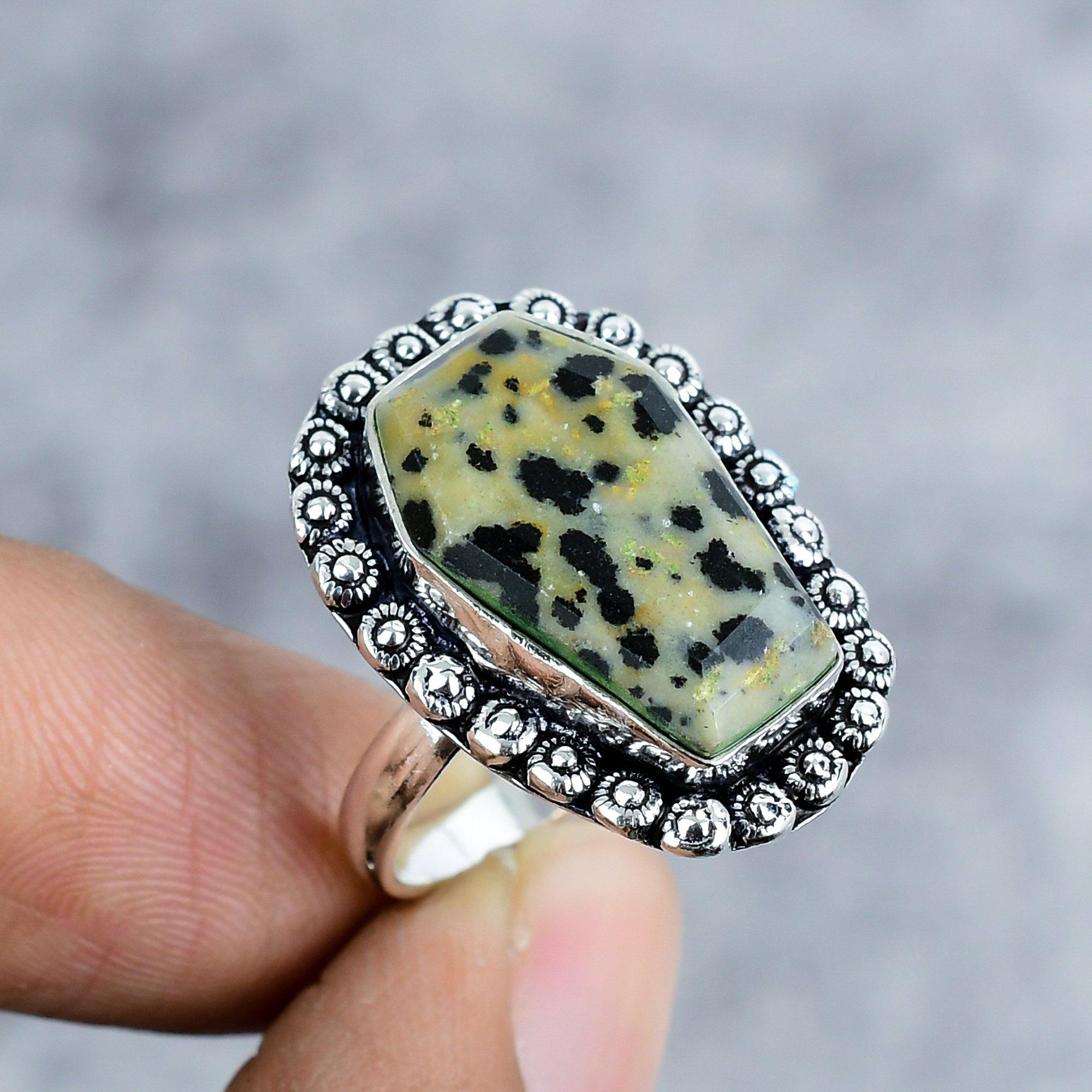 

Dalmation Jasper Gemstone Handmade 925 Sterling Silver Jewelry Ring Size 9 M-2558