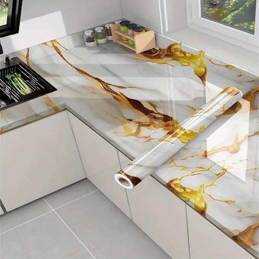 40cm Self-Adhesive Marble Film Oil-Proof Heat-Resistant Kitchen Wall Stickers for Cabinet Home Renovation Decorative Wallpaper