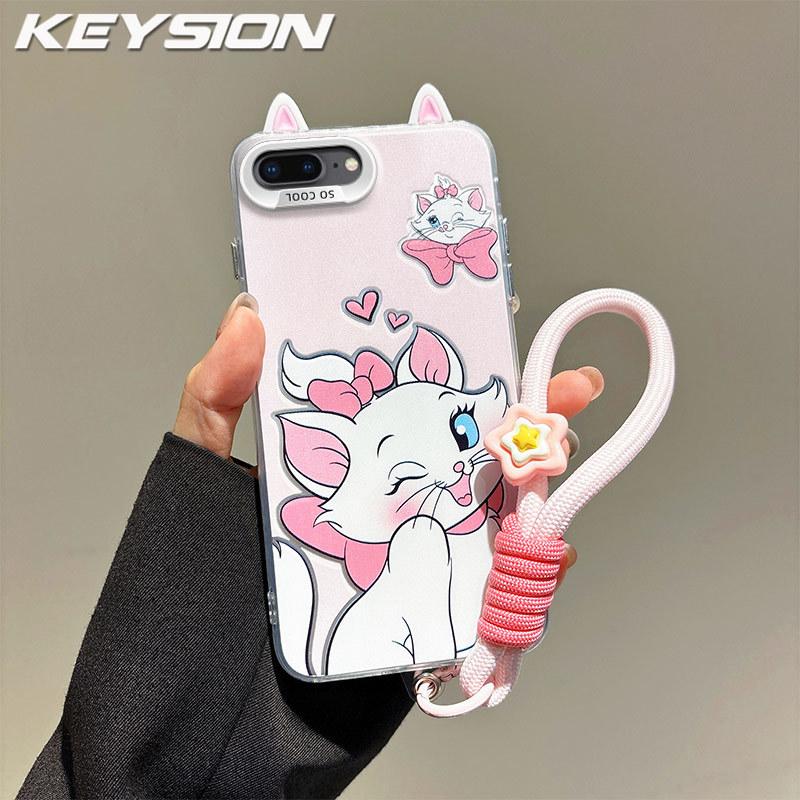 KEYSION Süße Cartoon-Ohren Hülle für iPhone SE 2020 2022 mit Lanyard Silikon+PC Stoßfeste Handy-Rückseite für iPhone 8 7 Plus