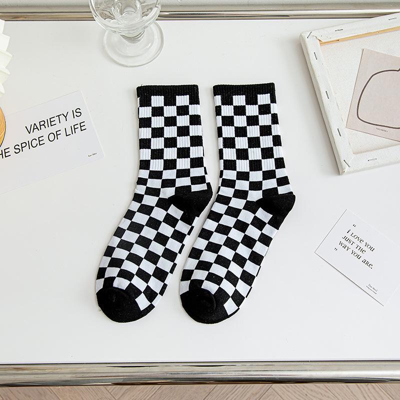 

Women s Autumn Winter Checkered Cotton Socks - Mid-Calf, Black & White, Unisex Trendy Style One Size