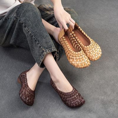 Sandales respirantes tissées à la main en cuir véritable, chaussures rétro plates et confortables à enfiler pour femmes