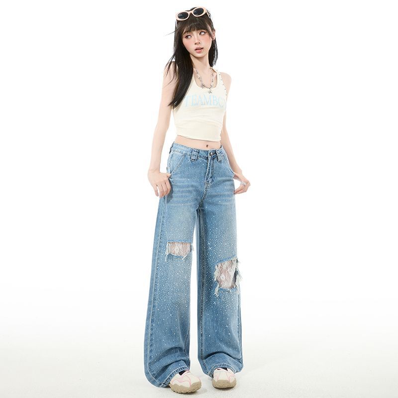 Spring Summer Full Star Rhinestone High Waist Lace Ripped Ins Y2K Trend Floor Drape Denim Pants Ladies Casual Pants Oversize Denim Trousers
