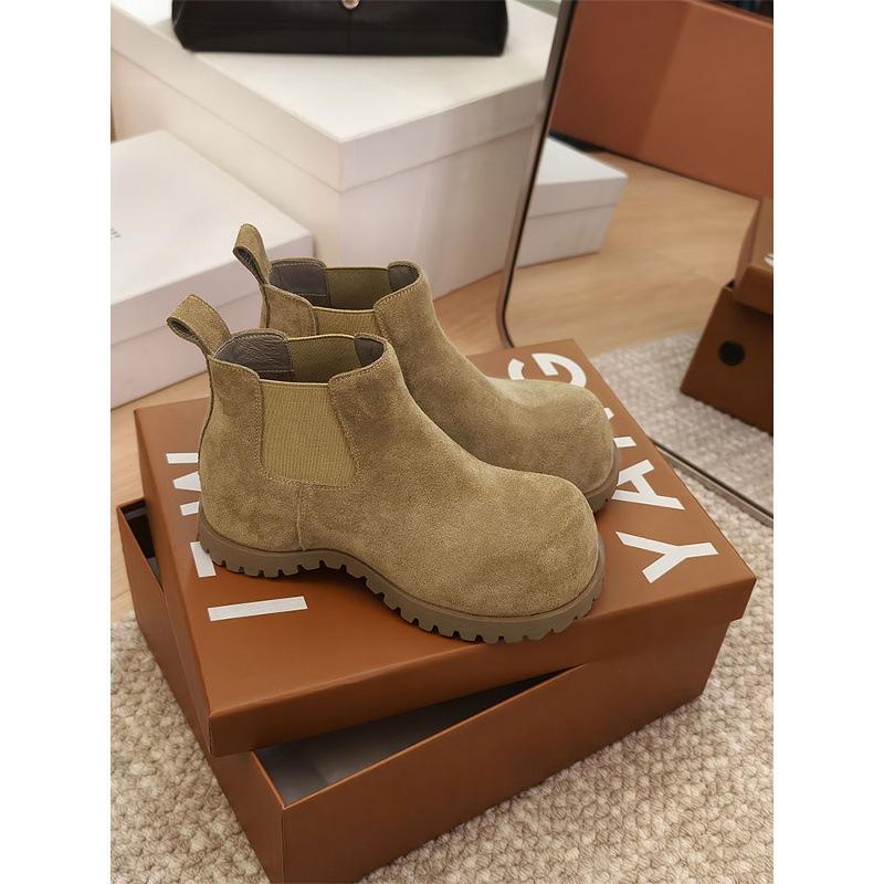 Cowhide Version~ Leather Big-headed Boots, Thick-soled Inner Height-increasing Martin Boots, Women's Chelsea Boots, Cigarette Tube, Kangaroo Shor