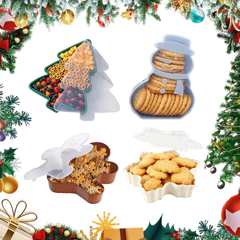 Christmas Serving Tray, Christmas Cookie Box With Lid, Cute Holiday Gingerbread Man Snowflake Tree Storage Container For Snacks