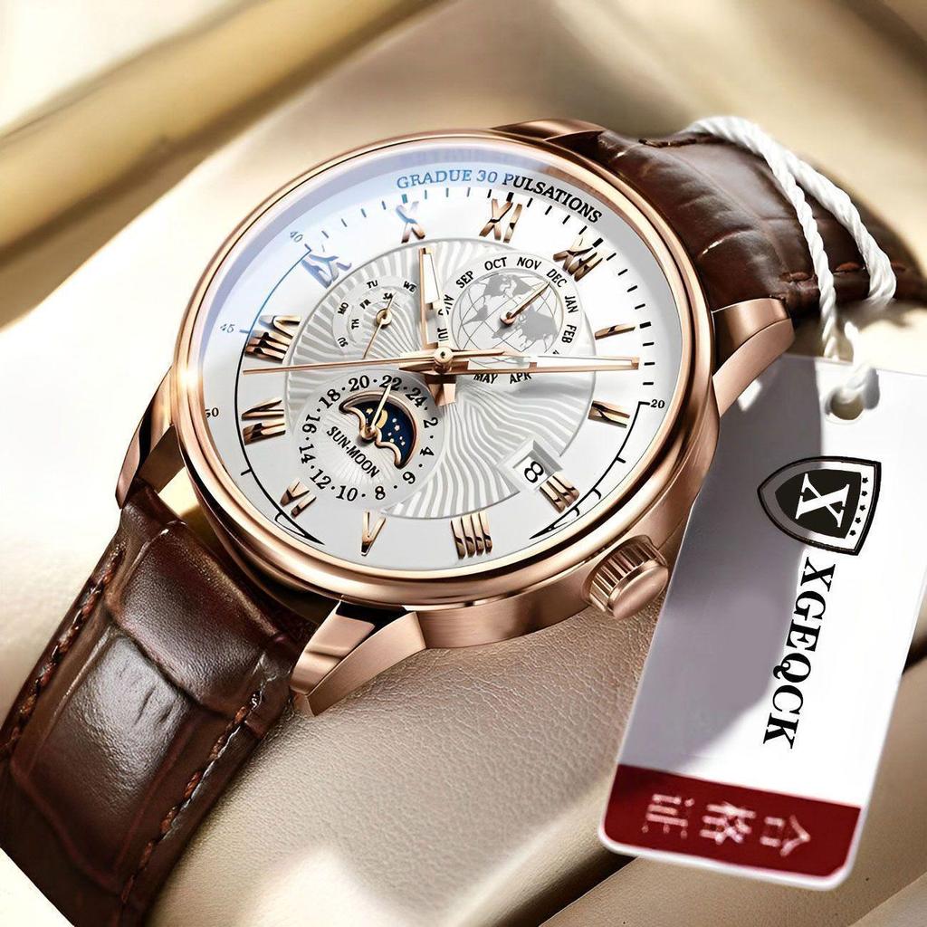 Brand Men's Luminous Calendar Leather Watch - Sleek, High-End, Non-Mechanical Wristwatch
