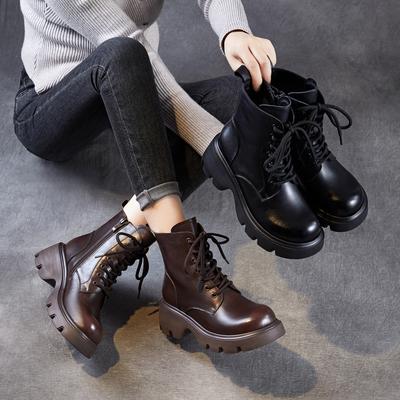 Leather Thick-soled Heightening Martin Boots Women's 2026 Autumn and Winter New British Style Retro Velvet Lace-up Classic Small Short Boots
