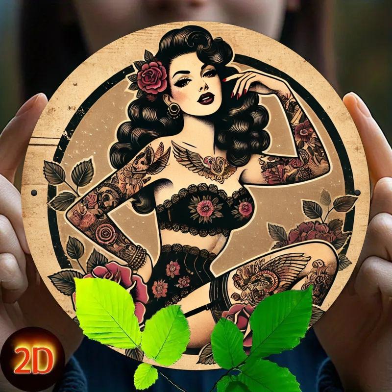 Vintage Pinup Tattoo Lady Round Metal Sign D Flat Retro Rose Tattoo Woman Iron Wall Plaque