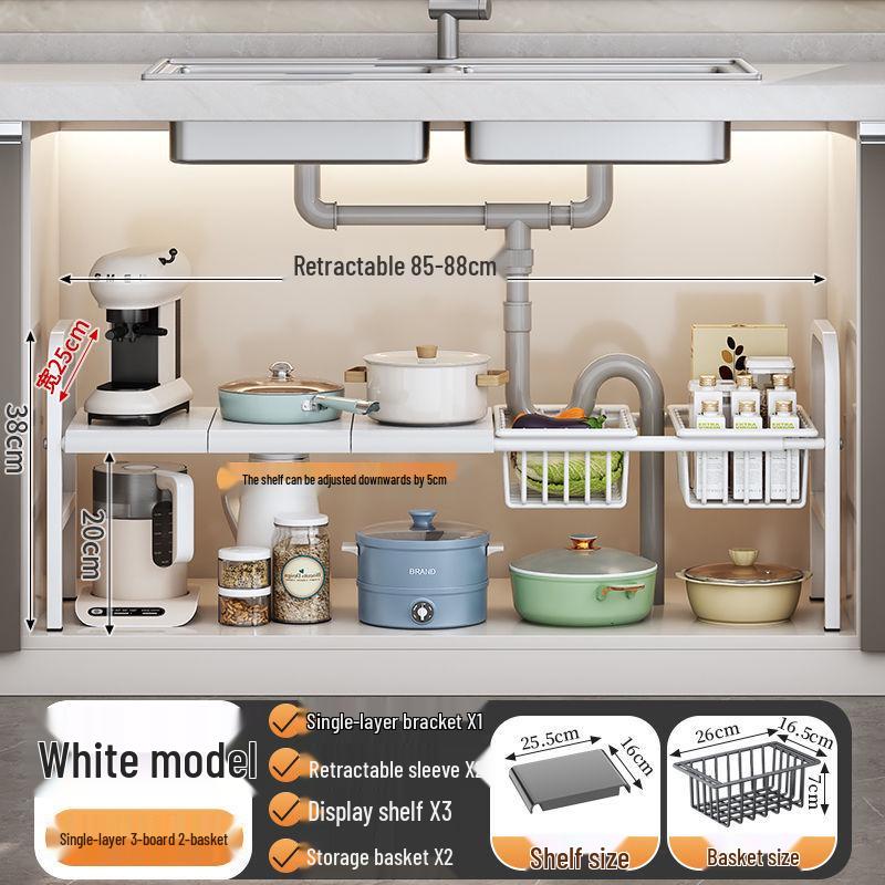 Retractable Under Sink Kitchen Organizer and Multifunctional Dish & Pot Rack
